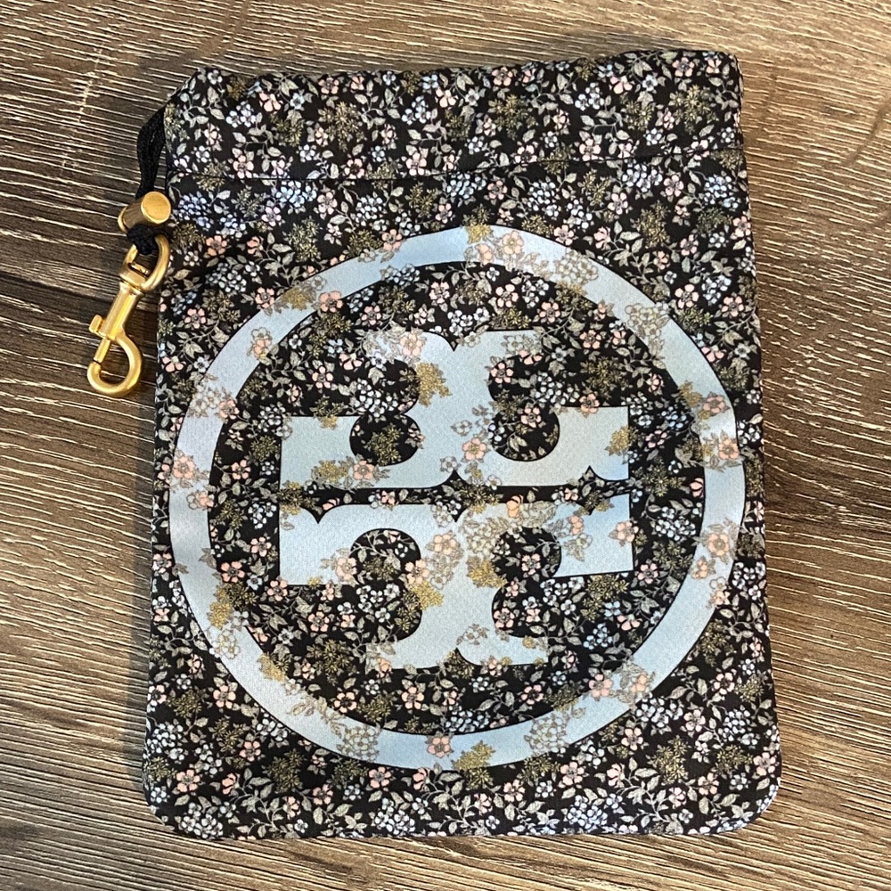 Tory Burch Black Floral Pouch with Gold Hardware Pale Blue Logo 5.5x6.75 Lk New - Picture 2 of 5